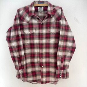 ELY CATTLEMAN Mens Long Sleeve Plaid Western Snap Shirt Size L Red Brown